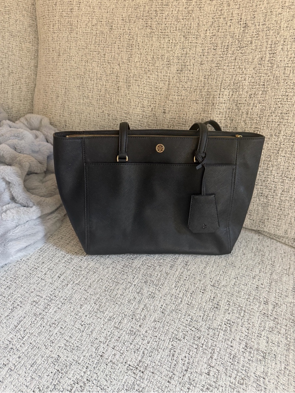 Tory Burch Black Pebbled Leather Tote with Gold Logo